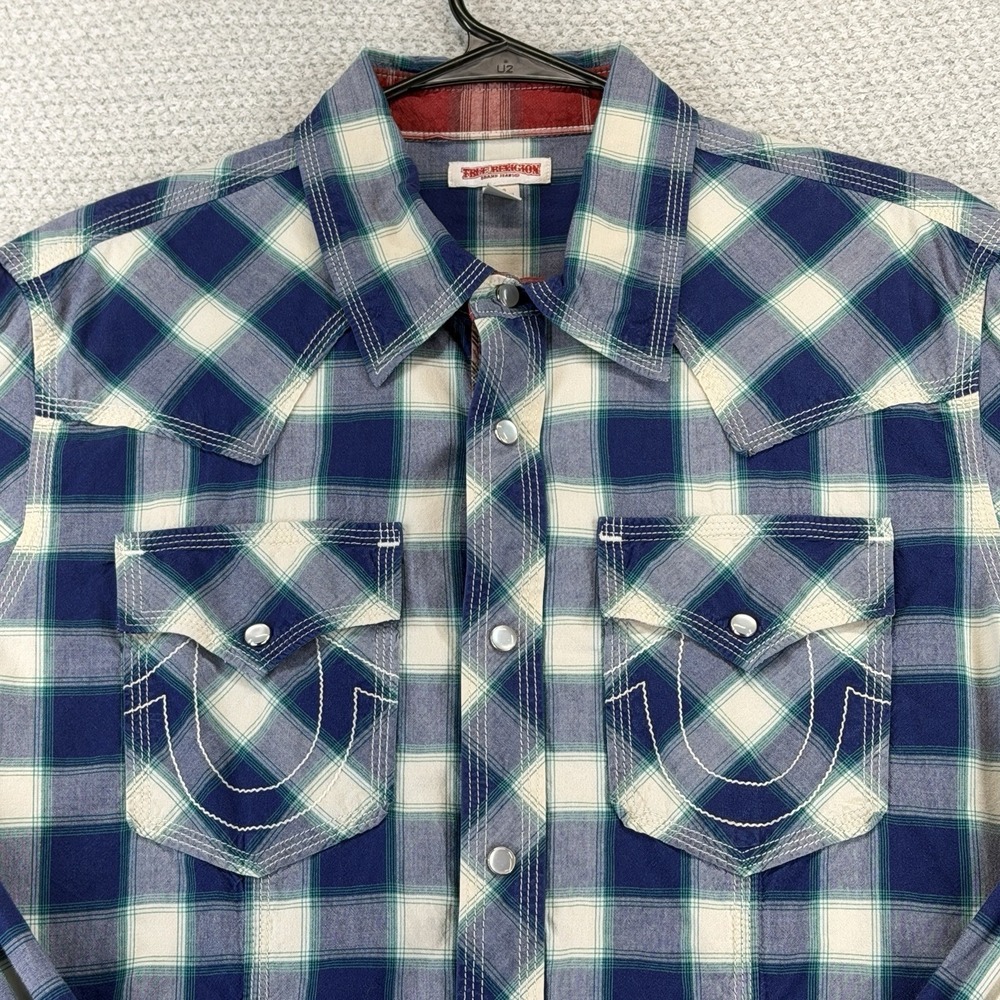 True Religion Western Pearl Snap Shirt Mens Large Blue White Plaid Long Sleeve - Picture 2 of 15